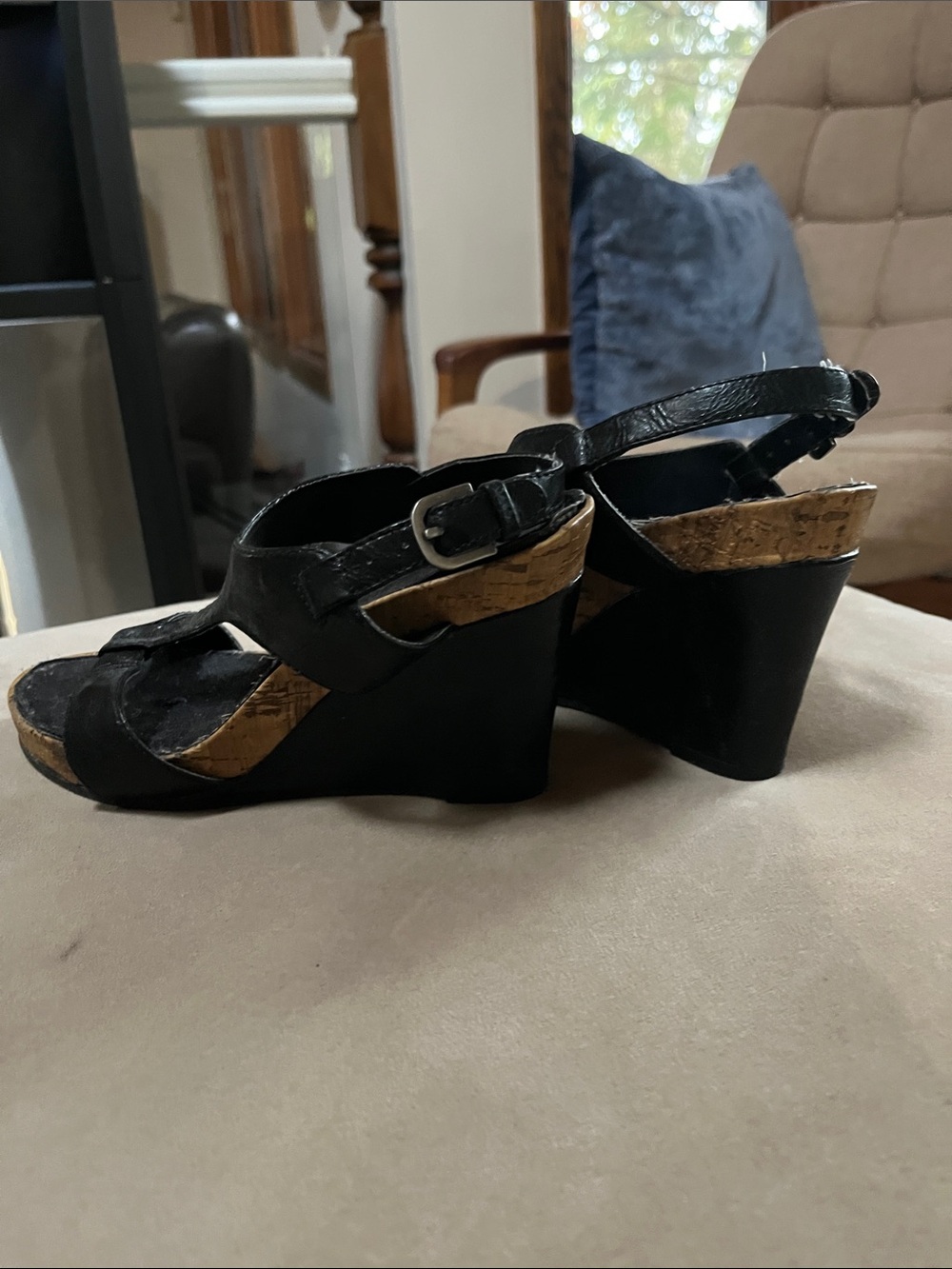 AEROSOLES Black Wedge Sandals with Cork Trim